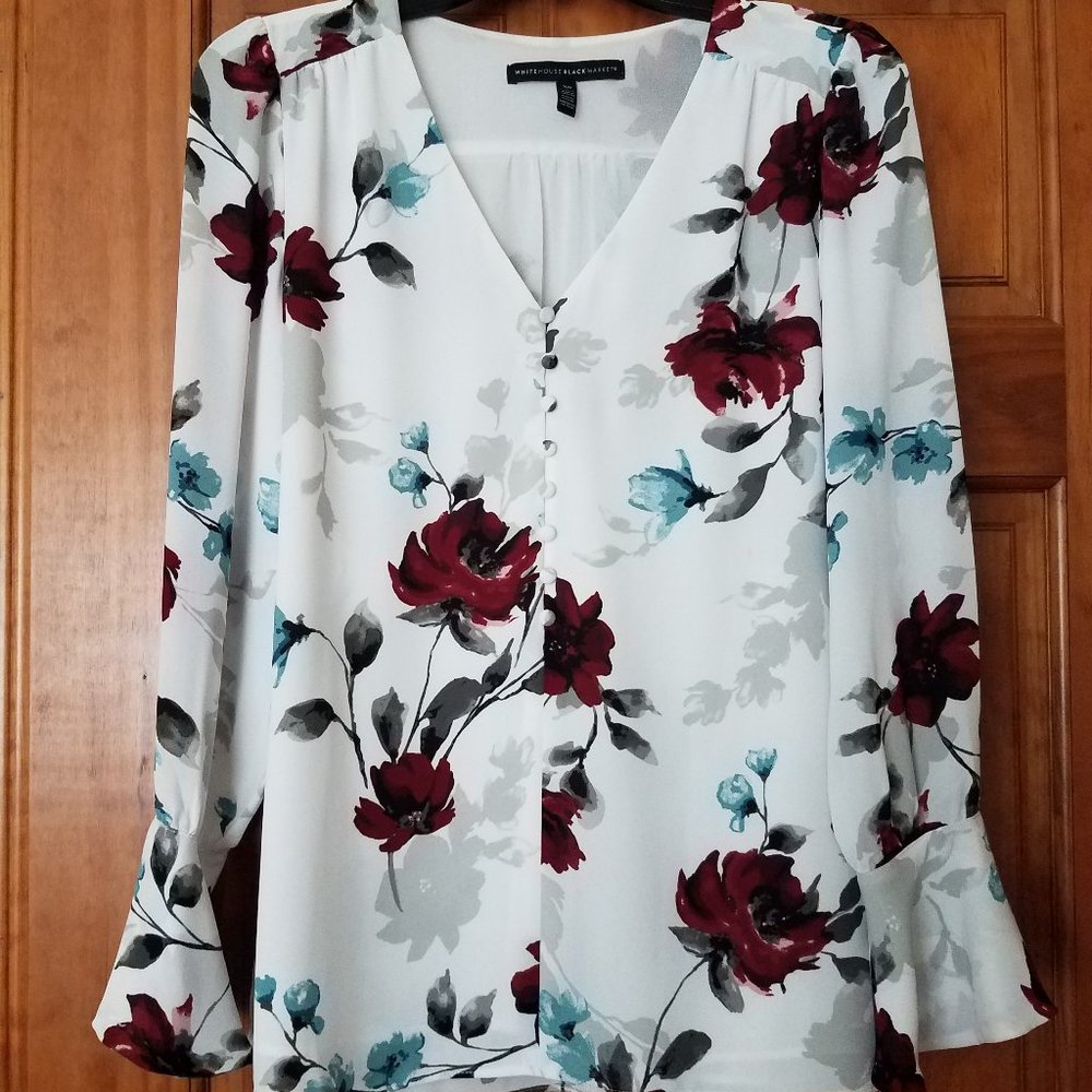 White House Black Market Floral Ruffle-Cuff Blouse